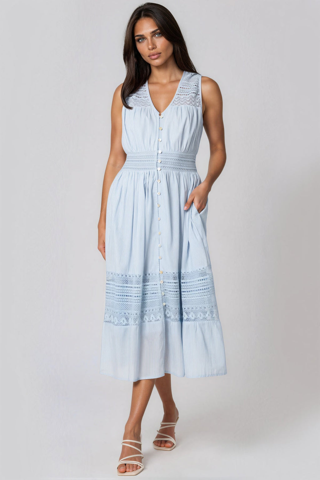 Blue Button Through Crochet Cotton Midi Dress