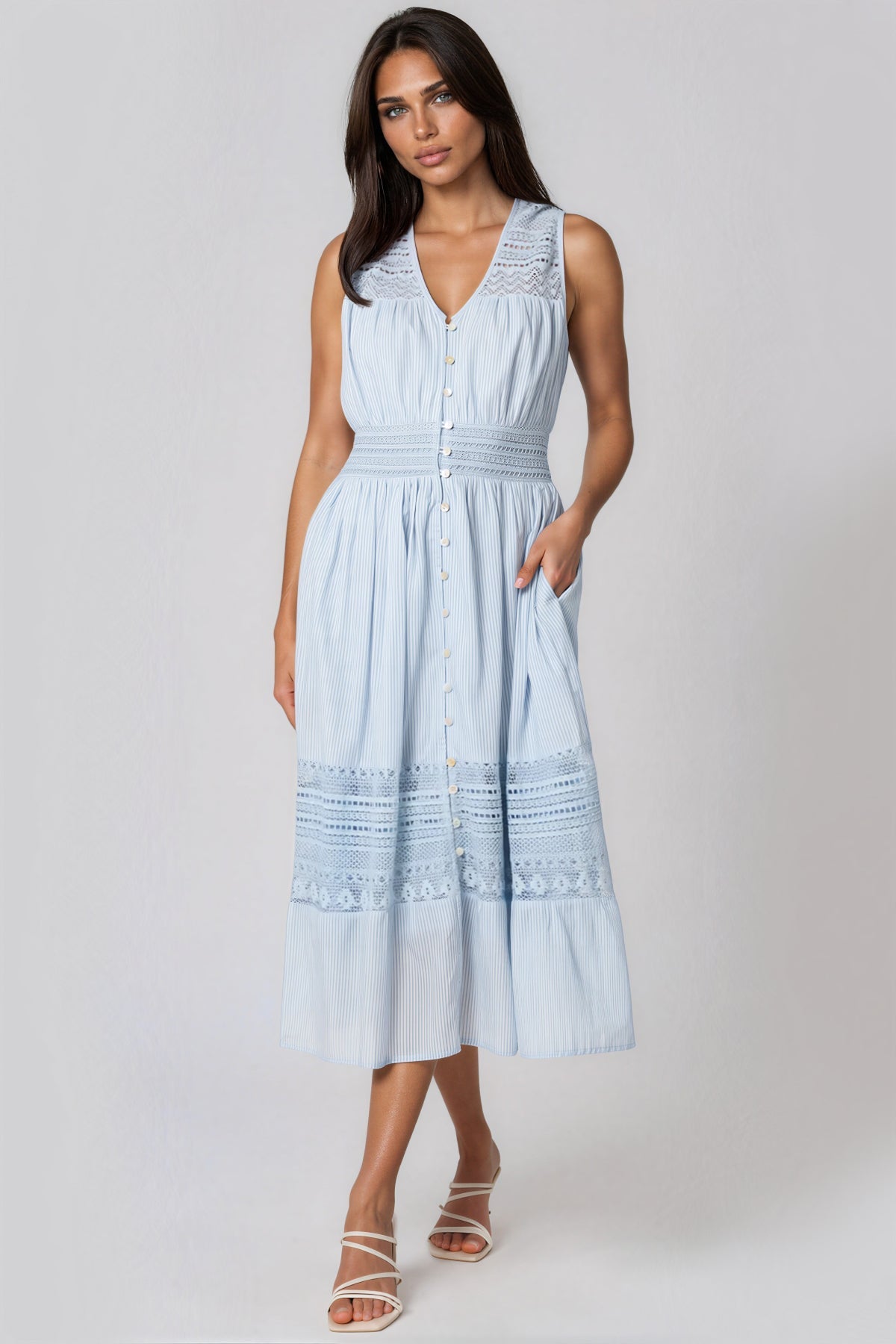 Blue Button Through Crochet Cotton Midi Dress