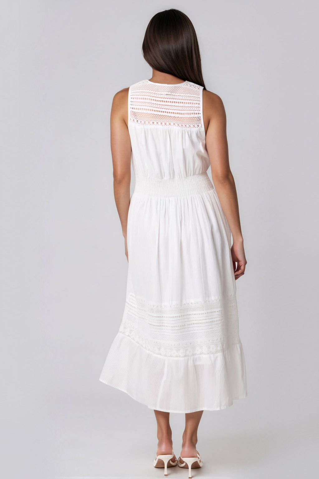 Ivory Button Through Crochet Cotton Midi Dress