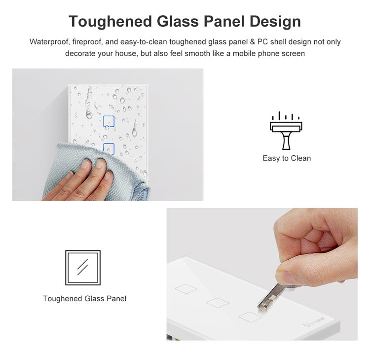 Sonoff T2 Touch 120mm Tempered Glass Panel Wall Switch Smart Home Light Touch Switch, Compatible with Alexa and Google Home, AC 100V-240V, US Plug, 120mm/ 3 US Plug