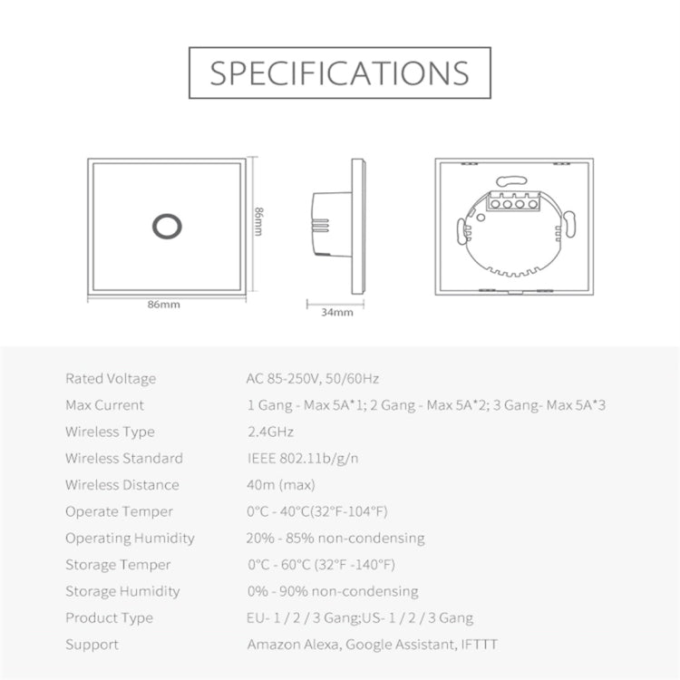 NEO NAS-SC01W Wireless WiFi EU Smart Light Control Switch 1Gang, 1 Gang