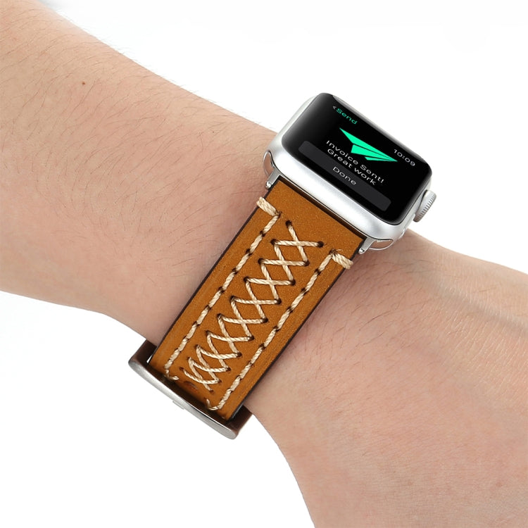 For Apple Watch Series 10 42mm / 9&8&7 41mm / SE 3&SE 2&6&SE&5&4 40mm / 3&2&1 38mm Manual Line Pattern Genuine Leather Wrist Watch Band, For 38mm