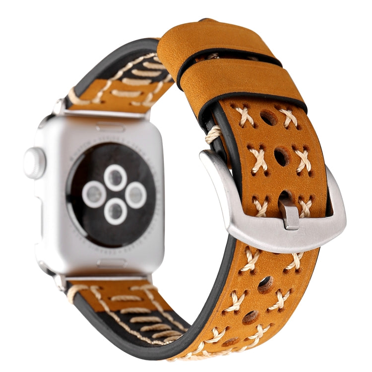 For Apple Watch Ultra 49mm&Watch Ultra 2 49mm / Series 10 46mm / 9&8&7 45mm / SE 3&SE 2&6&SE&5&4 44mm / 3&2&1 42mm Manual Line Pattern Genuine Leather Wrist Watch Band, For 42mm