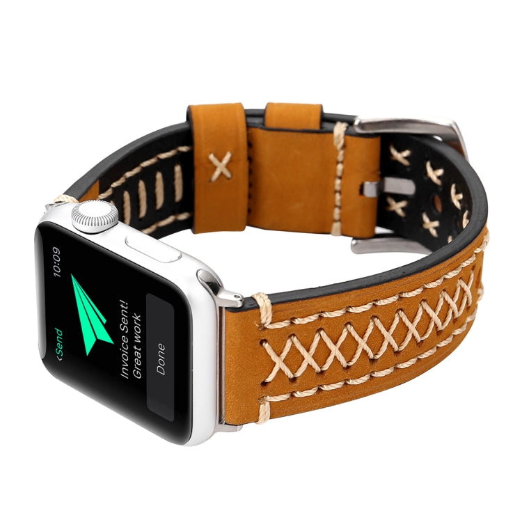 For Apple Watch Ultra 49mm&Watch Ultra 2 49mm / Series 10 46mm / 9&8&7 45mm / SE 3&SE 2&6&SE&5&4 44mm / 3&2&1 42mm Manual Line Pattern Genuine Leather Wrist Watch Band, For 42mm