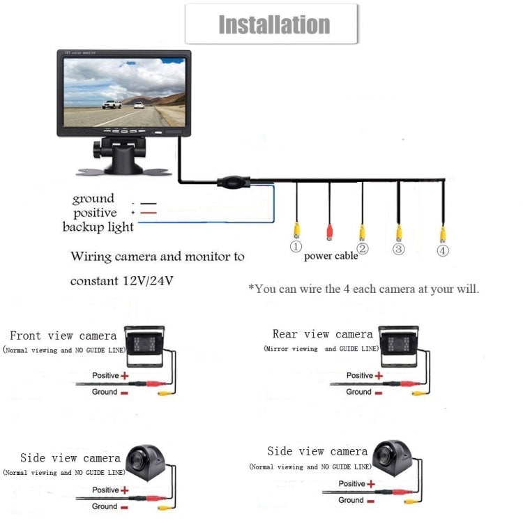 K0164 7 inch HD Car 18 IR  Rear View Backup Four Cameras Rearview Monitor