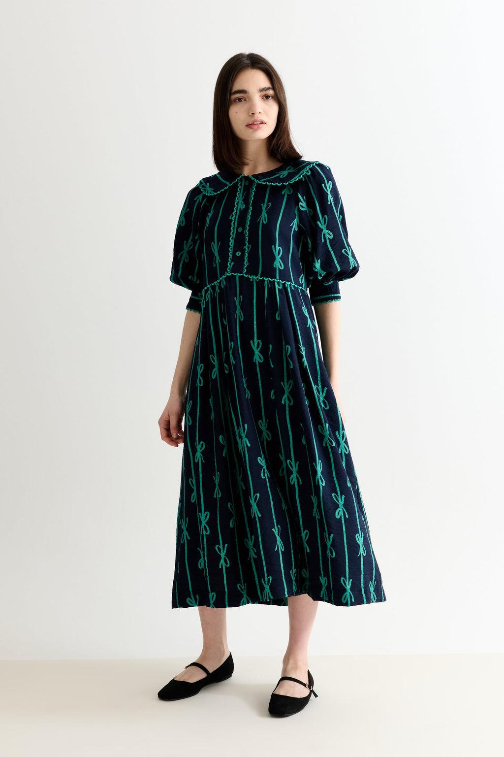 Caris Tie Up Statement Collar 3/4 Sleeve Midi Dress - Navy