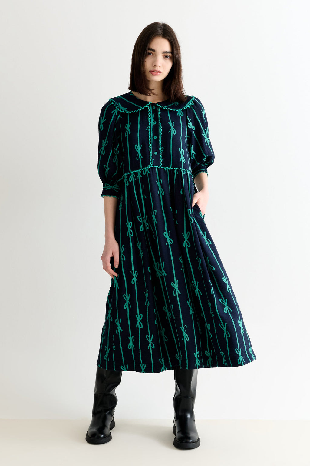 Caris Tie Up Statement Collar 3/4 Sleeve Midi Dress - Navy
