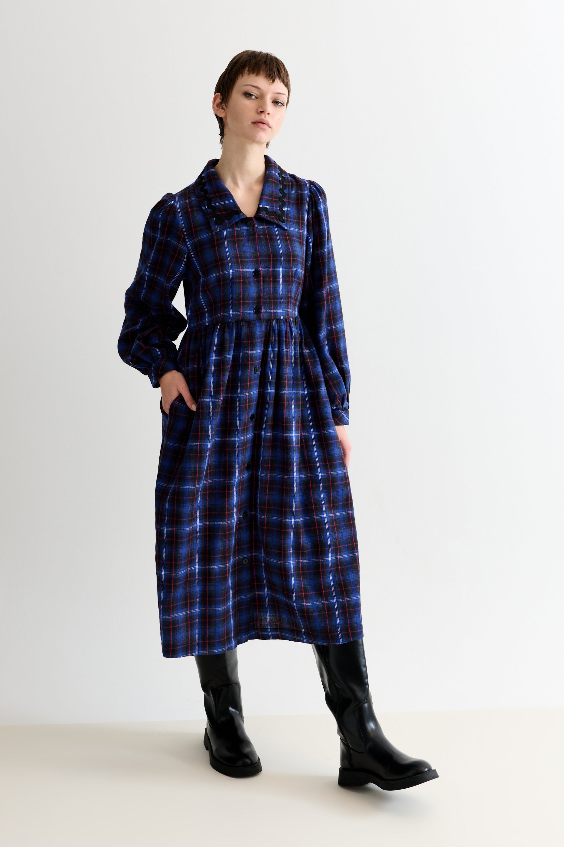 Catlin Winter Check Button Through Midi Dress - Blue
