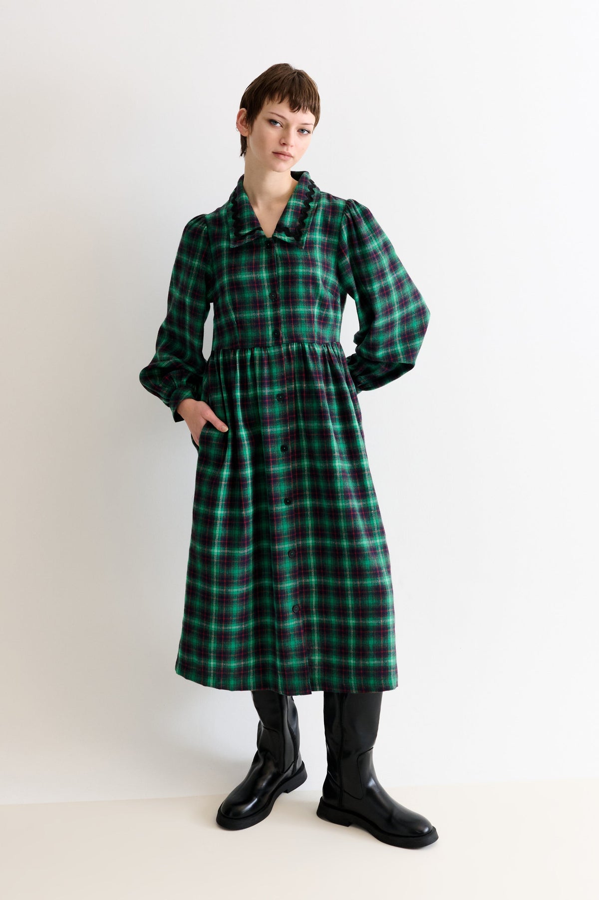 Catlin Winter Check Button Through Midi Dress - Green