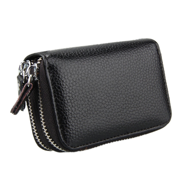 Genuine Leather Dual Layer Zipper Card Holder Wallet RFID Blocking Purse, Size: 10.5x7.0x4.0cm(Black)
