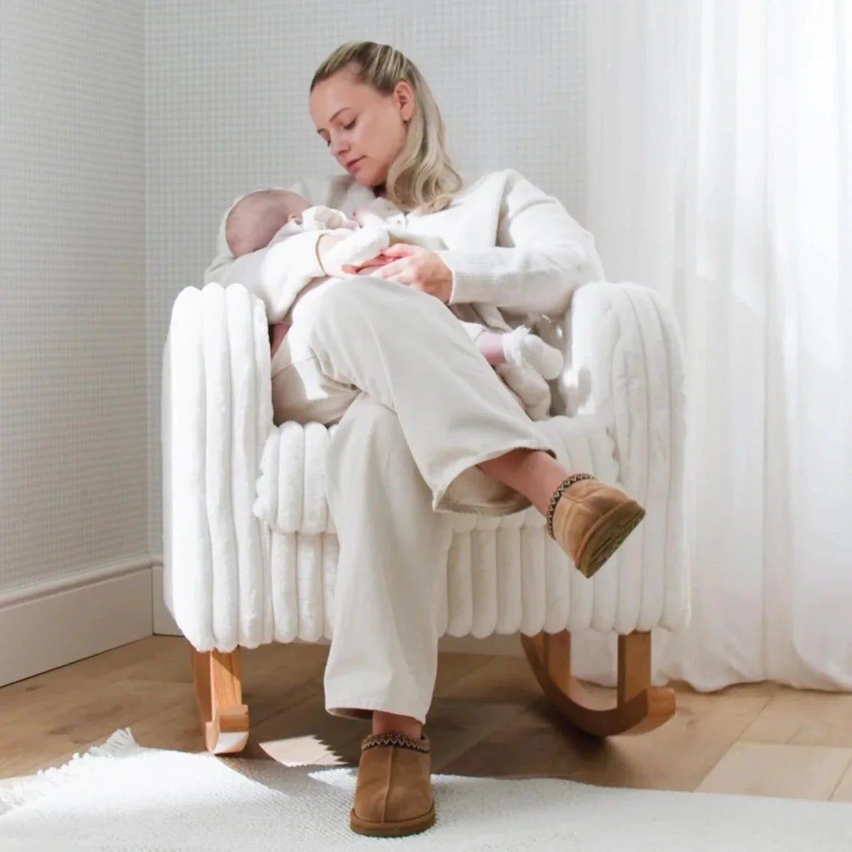 CuddleCo Etta Nursing Chair & Foot Stool - Faux Fur Cream