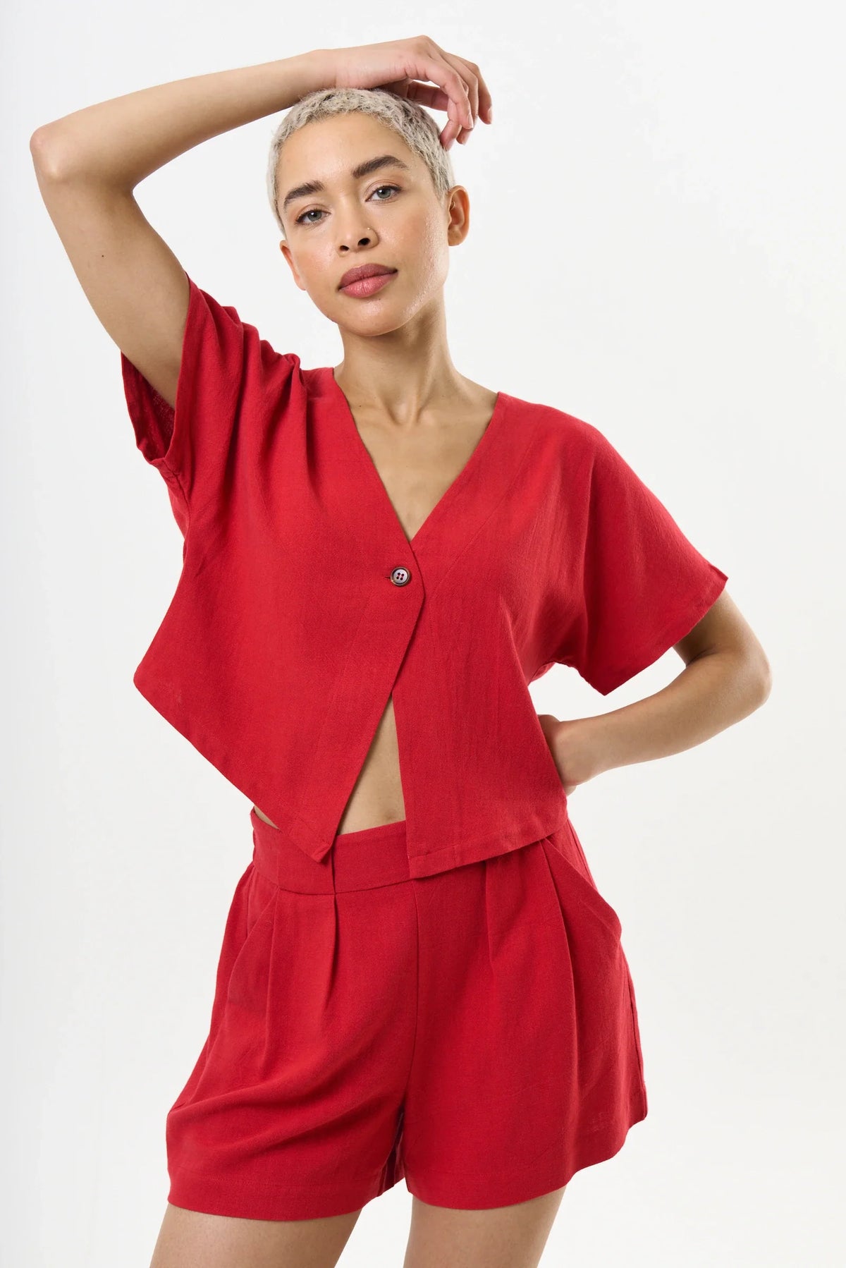 Cloe Linen Mix Extended Shoulder Waistcoat Red