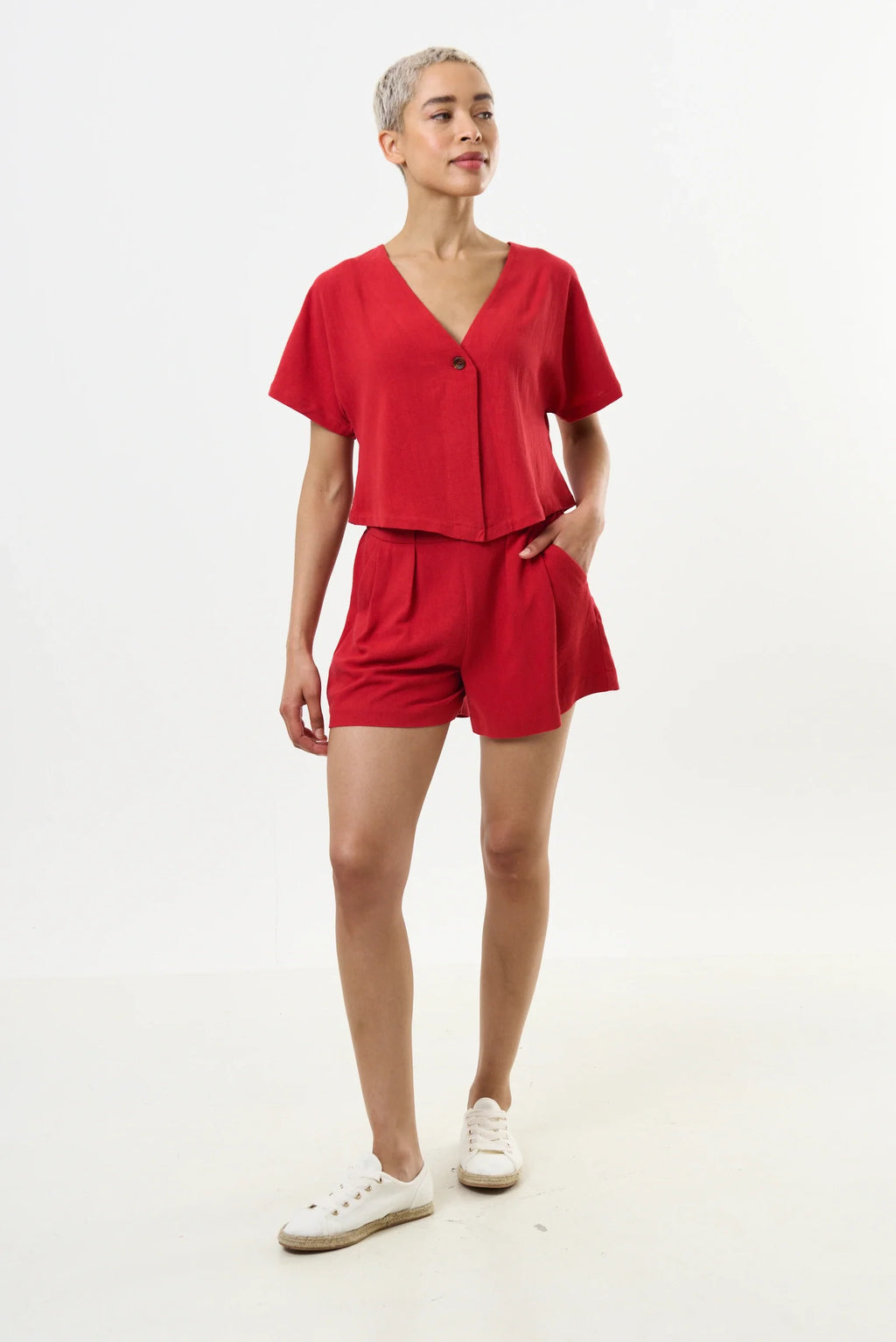 Cloe Linen Mix Extended Shoulder Waistcoat Red