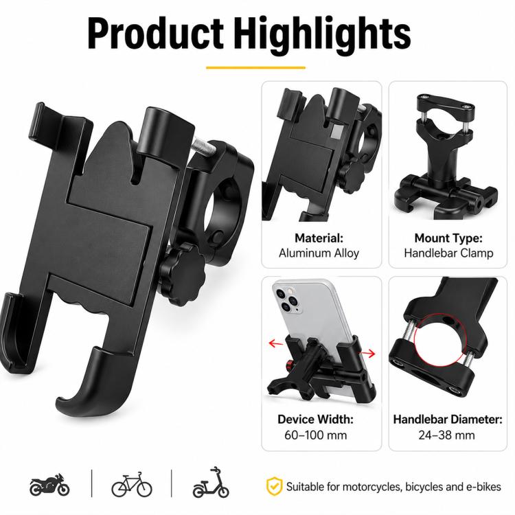 Motorcycle Handlebar Aluminum Alloy Phone Bracket, Suitable for 60-100mm Device, Handlebar Bracket for 60-100mm