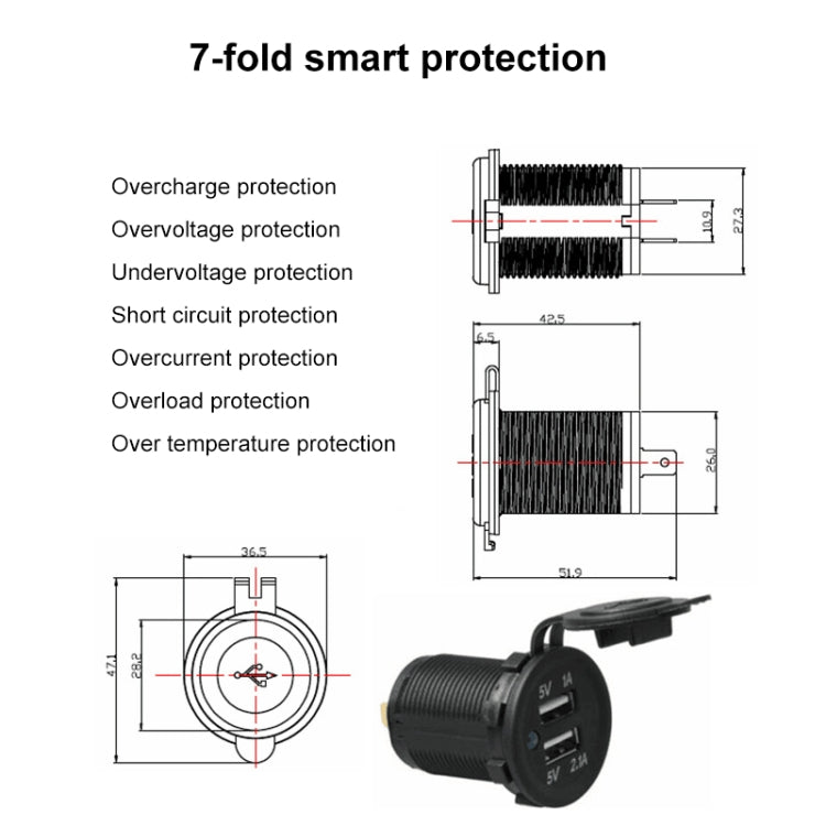 Car Motorcycle ABS Dual Port Charger, 2.1V  2 USB