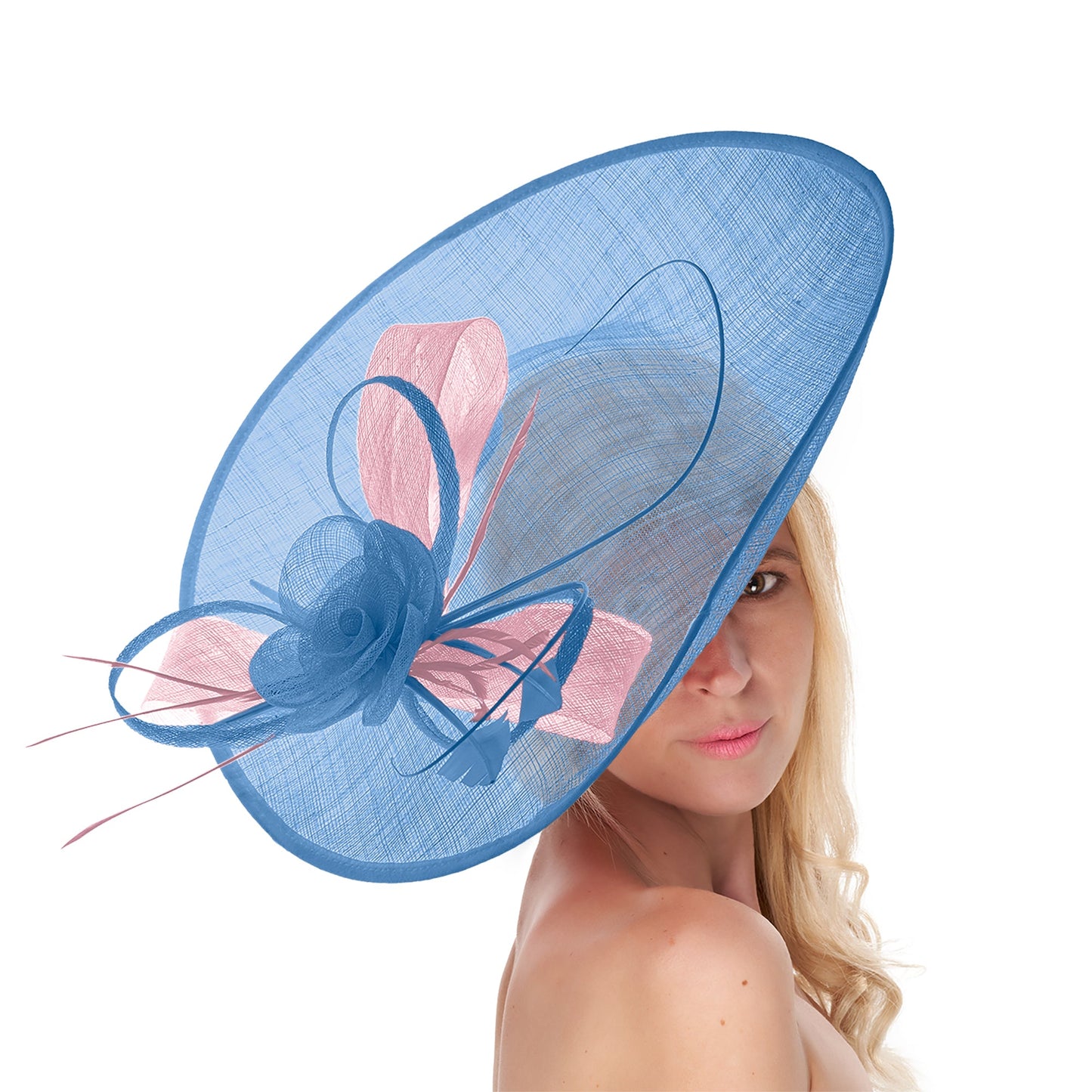 Cornflower Blue Blush Mix 41cm Mix Large Sinamay Hatinator Disc Saucer Brim Hat Fascinator on Headband