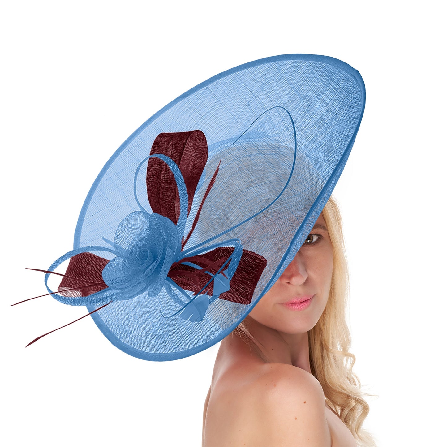 Cornflower Blue Burgundy Mix 41cm Mix Large Sinamay Hatinator Disc Saucer Brim Hat Fascinator on Headband