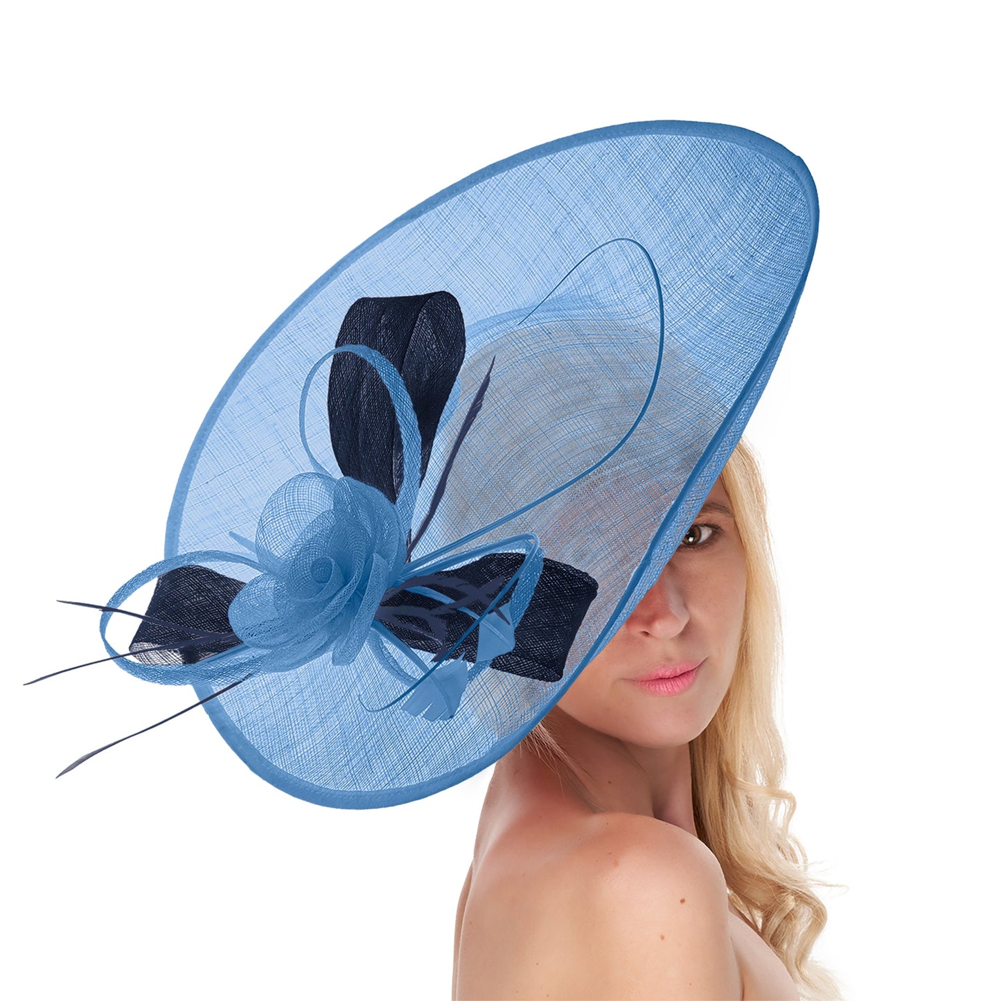 Cornflower Blue Navy Mix 41cm Mix Large Sinamay Hatinator Disc Saucer Brim Hat Fascinator on Headband