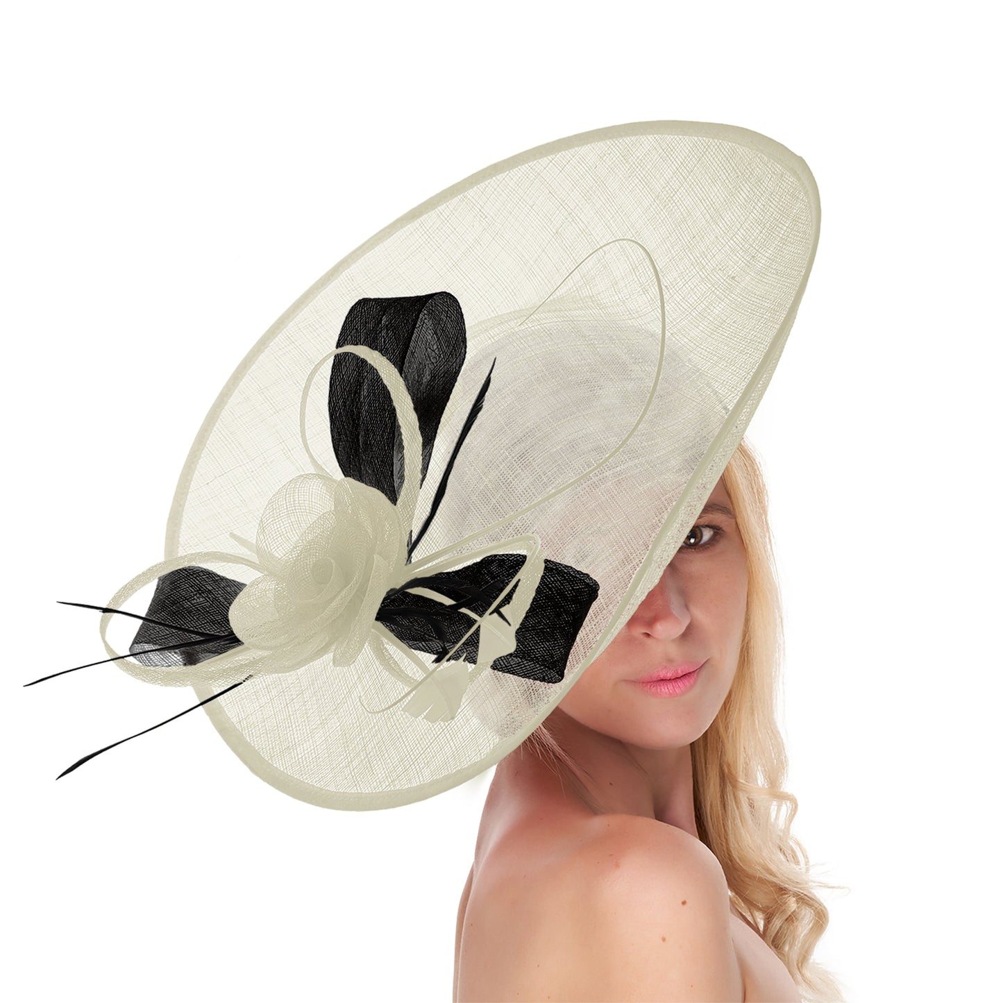 Cream Ivory Black Mix 41cm Large SInamay Hatinator Disc Saucer Brim Hat Fascinator on Headband