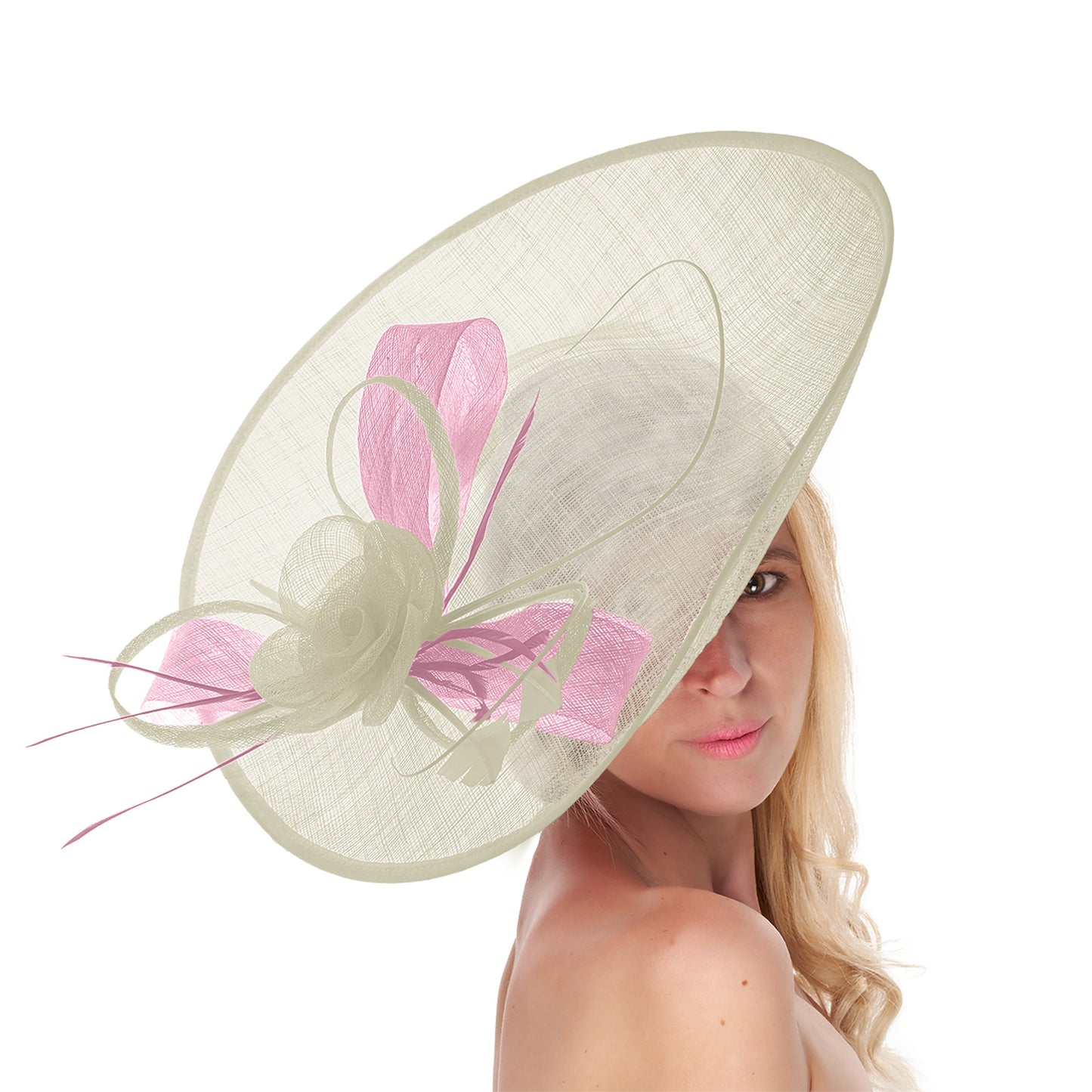 Cream Ivory Blush Mix 41cm Large SInamay Hatinator Disc Saucer Brim Hat Fascinator on Headband