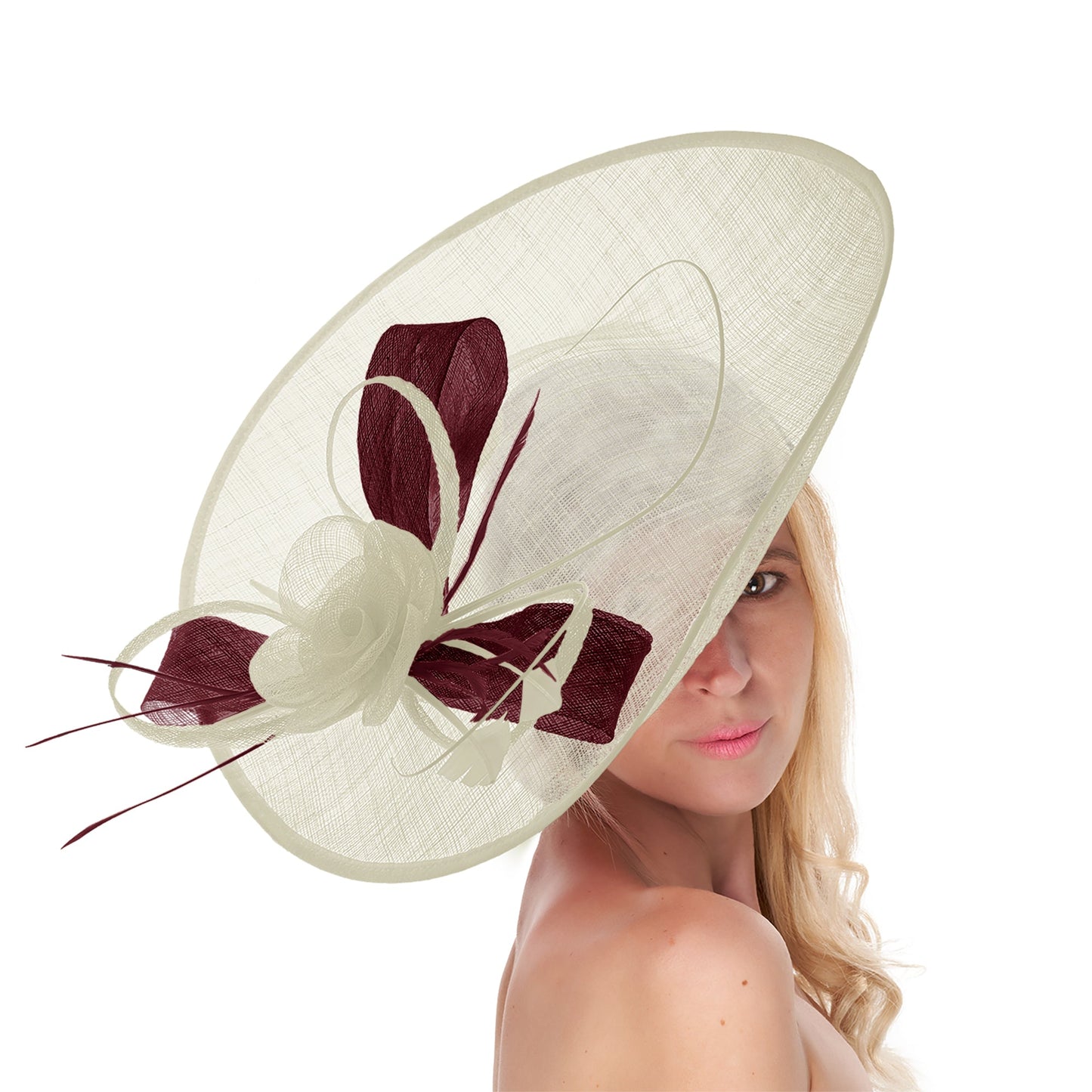 Cream Ivory Burgundy Mix 41cm Large SInamay Hatinator Disc Saucer Brim Hat Fascinator on Headband
