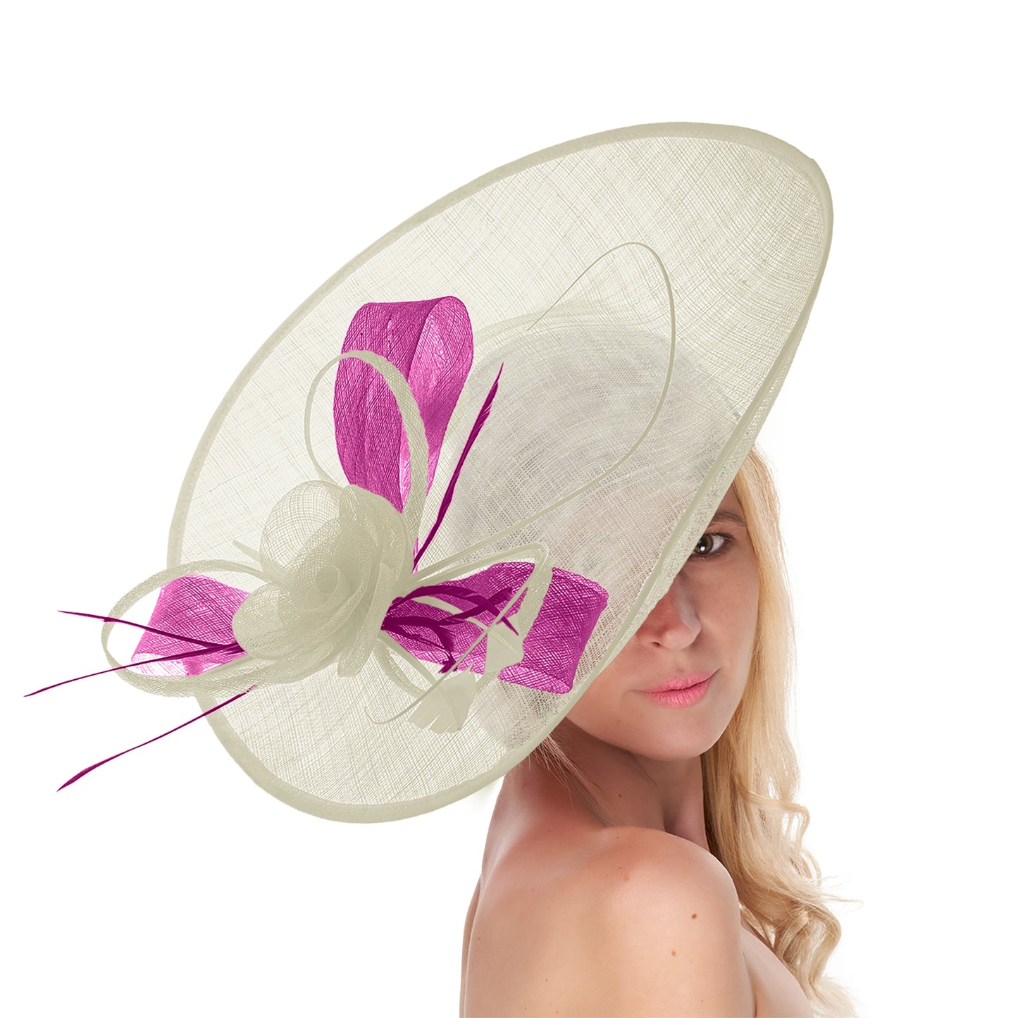 Cream Ivory Fuchsia Pink Mix 41cm Large SInamay Hatinator Disc Saucer Brim Hat Fascinator on Headband