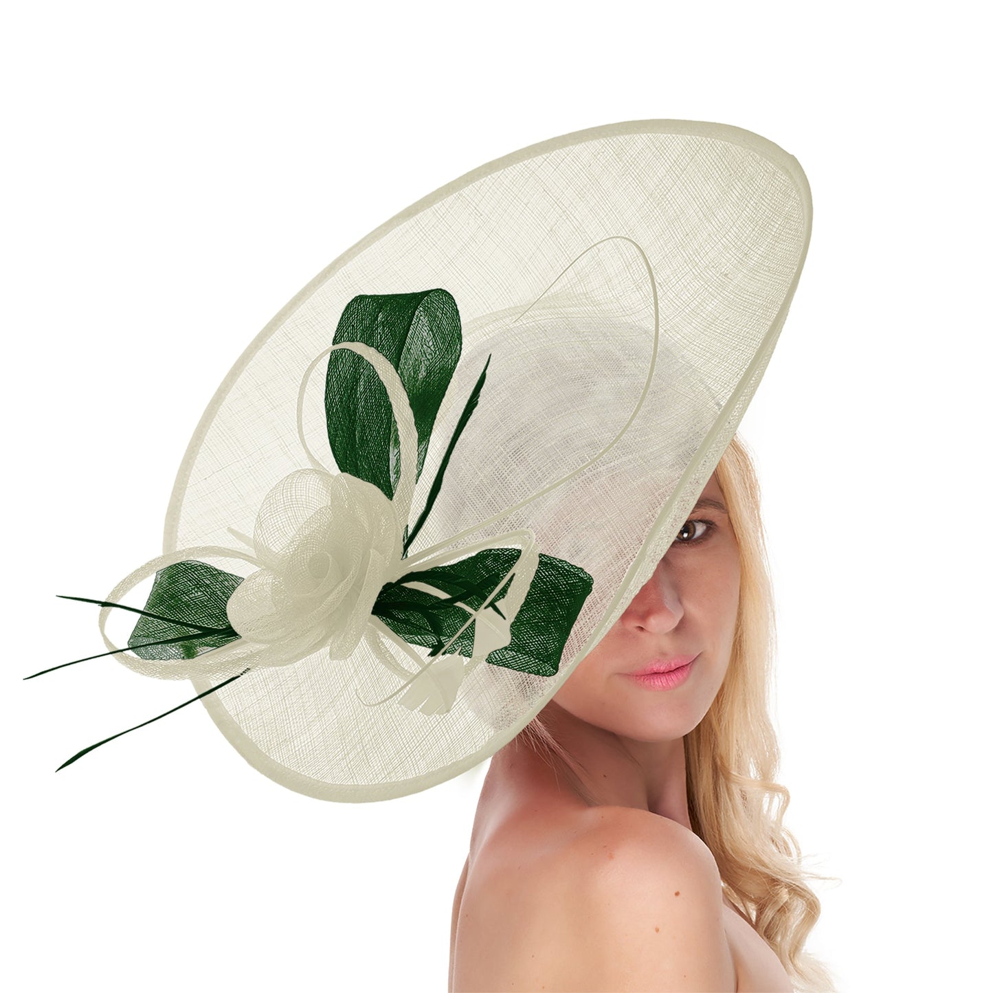 Cream Ivory Green Mix 41cm Large SInamay Hatinator Disc Saucer Brim Hat Fascinator on Headband