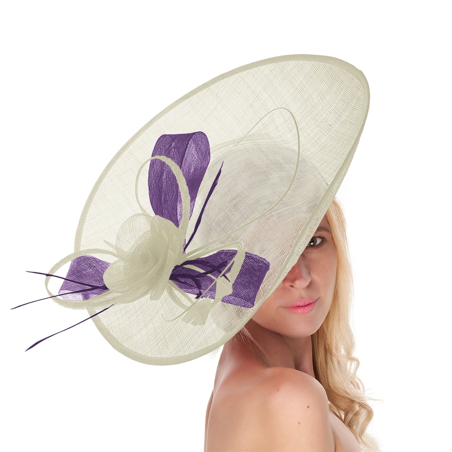 Cream Ivory Lavender Mix 41cm Large SInamay Hatinator Disc Saucer Brim Hat Fascinator on Headband