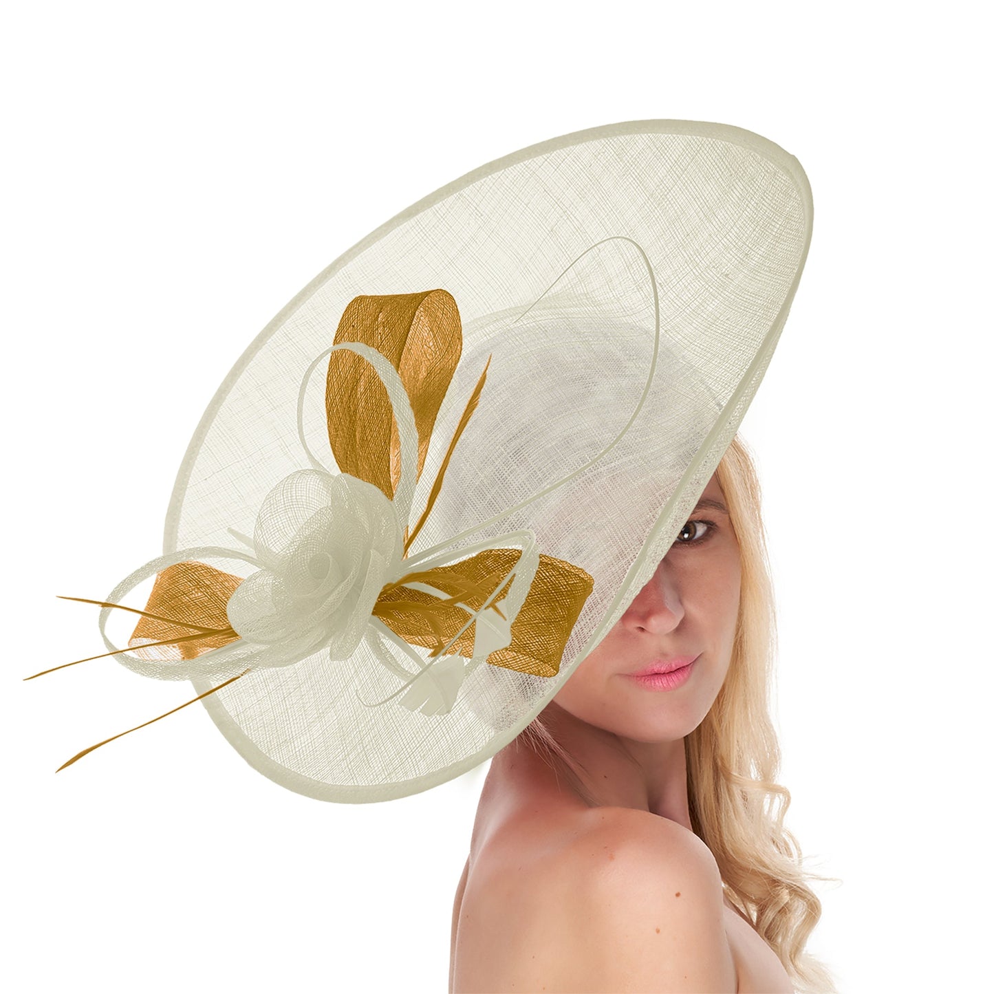 Cream Ivory Mustard Mix 41cm Large SInamay Hatinator Disc Saucer Brim Hat Fascinator on Headband