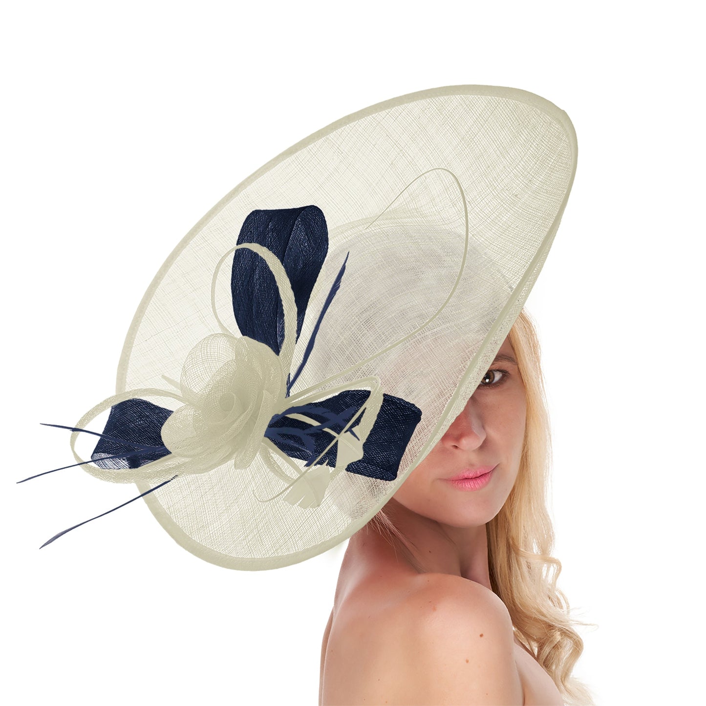 Cream Ivory Navy Mix 41cm Large SInamay Hatinator Disc Saucer Brim Hat Fascinator on Headband