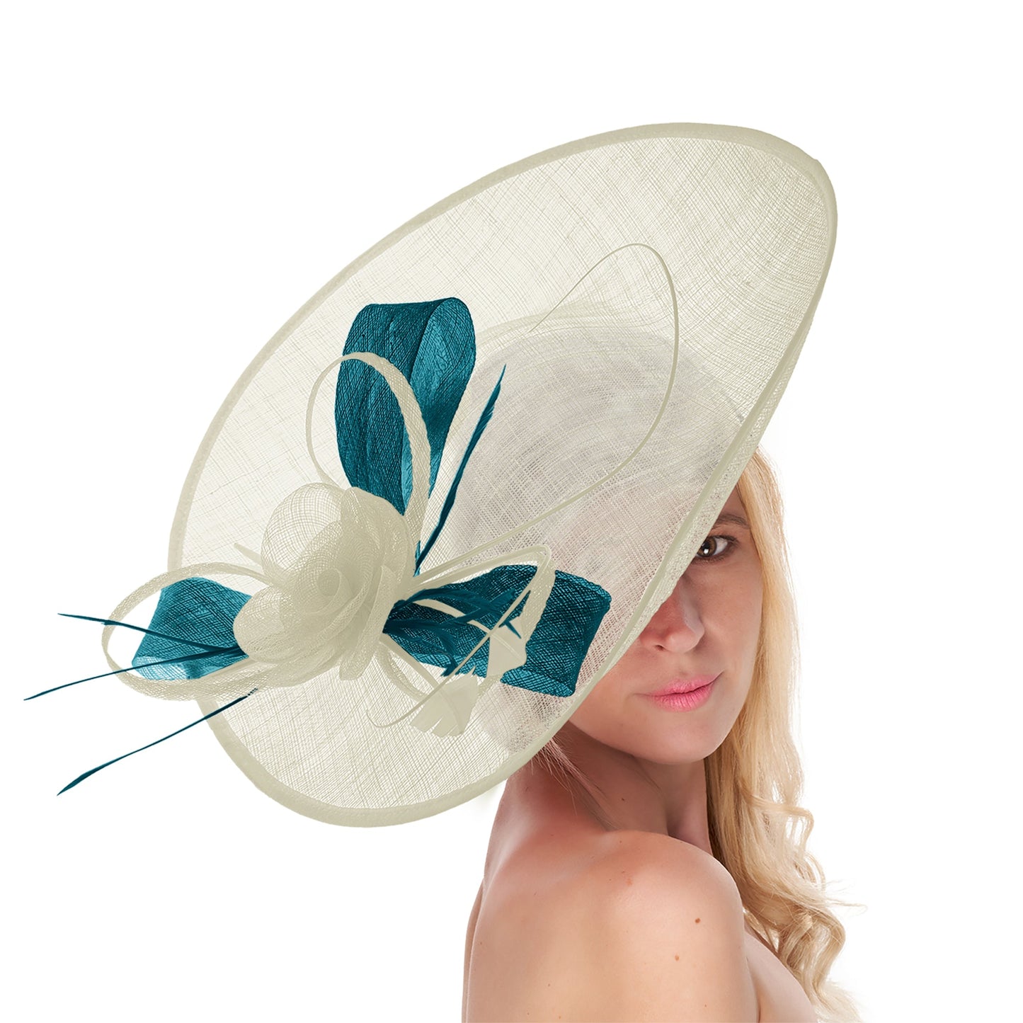 Cream Ivory Teal Mix 41cm Large SInamay Hatinator Disc Saucer Brim Hat Fascinator on Headband