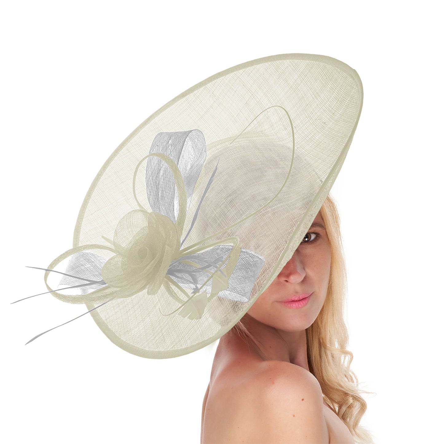 Cream Ivory White Mix 41cm Large SInamay Hatinator Disc Saucer Brim Hat Fascinator on Headband