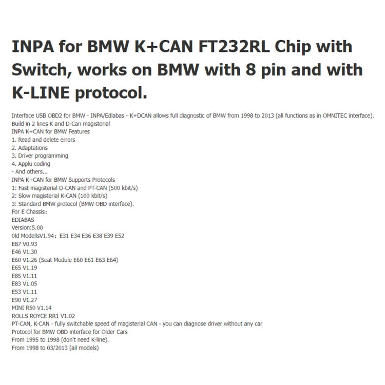INPA K+CAN with Switch USB Interface Cable for BMW, For BMW (White), For BMW (Blue)