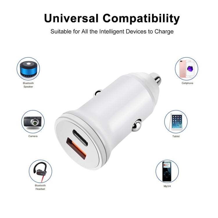 PD 20W USB-C / Type-C  QC 3.0 USB Interface Fast Charging Car Charger (White)