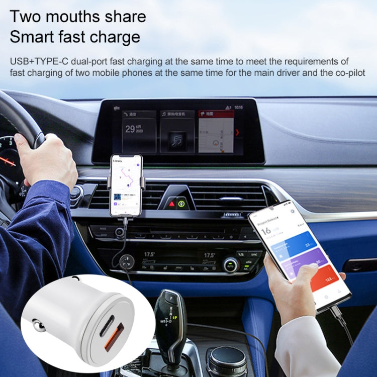 PD 20W USB-C / Type-C  QC 3.0 USB Interface Fast Charging Car Charger (White)