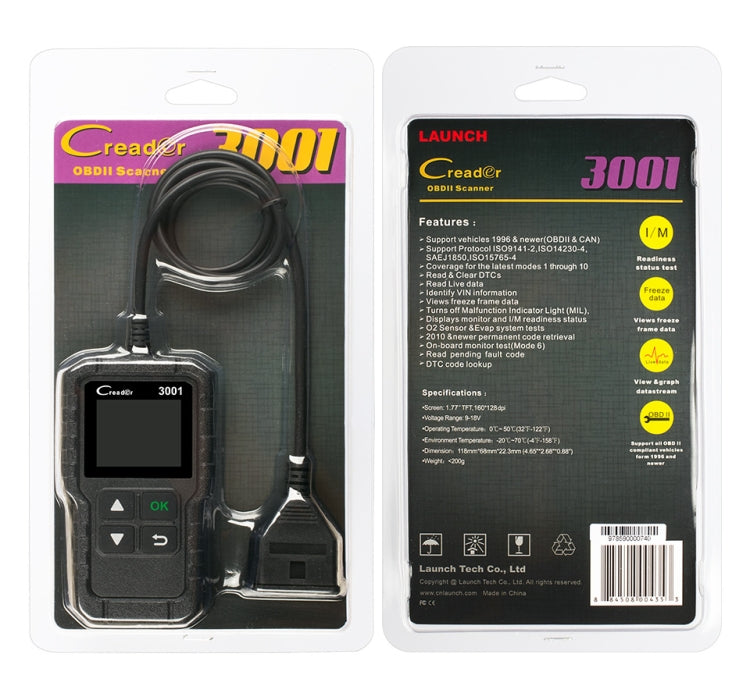 Launch Creader CR3001 Car Color Screen Code Reader OBD2 Fault Detector Diagnostic Tool, Launch Creader CR3001
