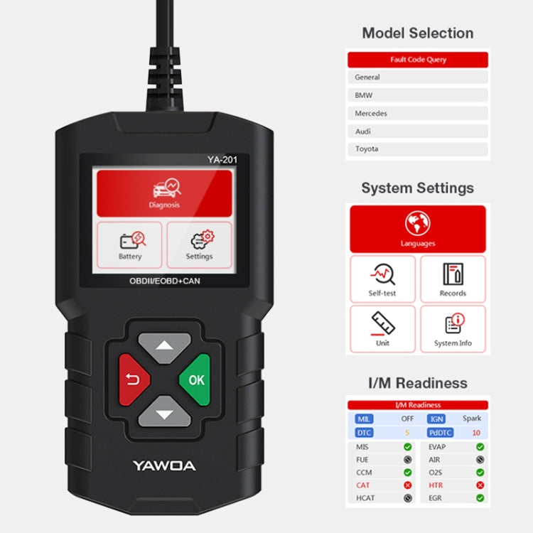 YA201 Car Mini Code Reader OBD2 Fault Detector Diagnostic Tool, YA201