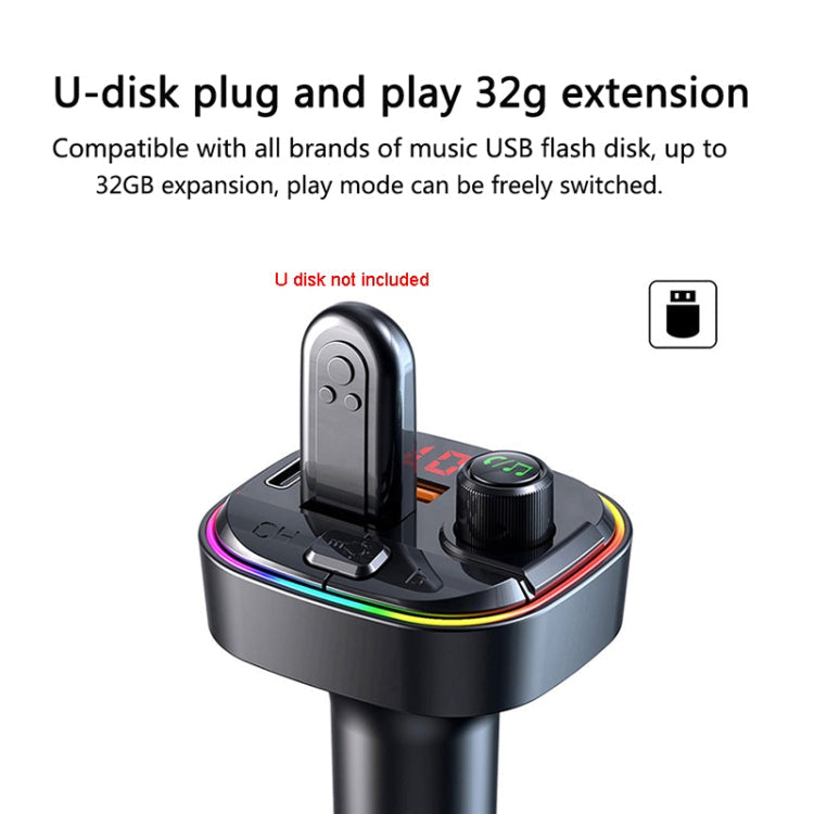 C13 Multifunctional Car Dual USB PD Fast Charger Bluetooth FM Transmitter with Atmosphere Light, C13