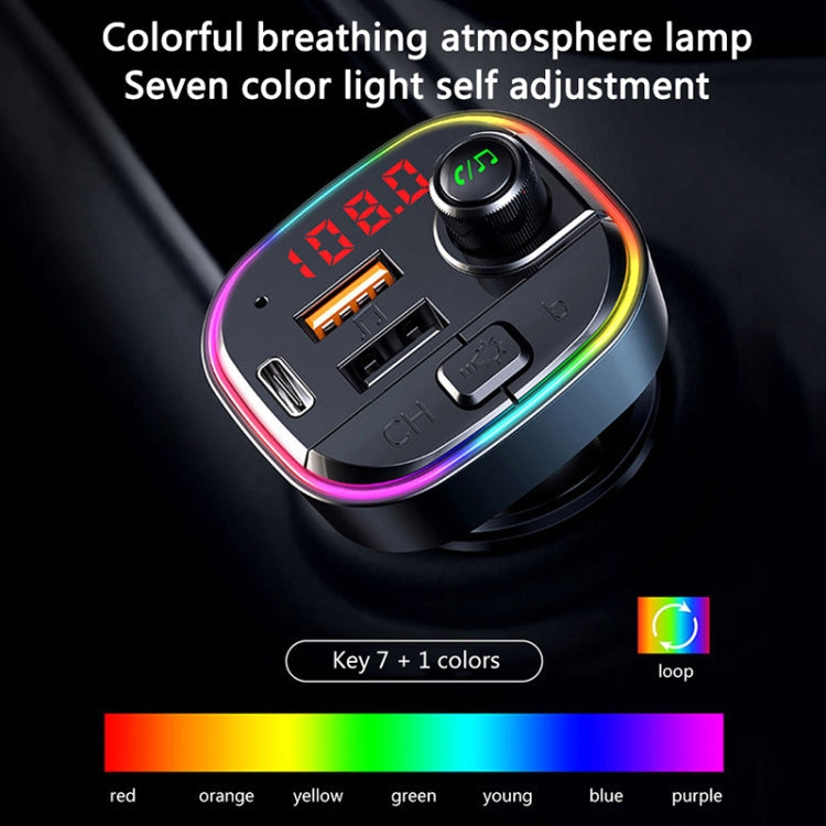 C13 Multifunctional Car Dual USB PD Fast Charger Bluetooth FM Transmitter with Atmosphere Light, C13