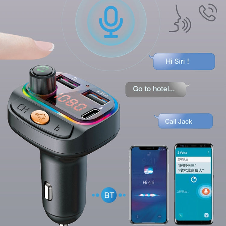 C15 Multifunctional Car Dual 3.1A+Type-C USB Charger Bluetooth FM Transmitter with Atmosphere Light, C15