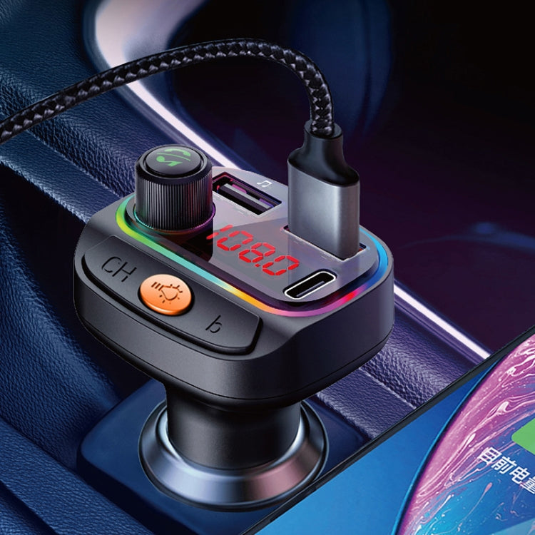 C15 Multifunctional Car Dual 3.1A+Type-C USB Charger Bluetooth FM Transmitter with Atmosphere Light, C15