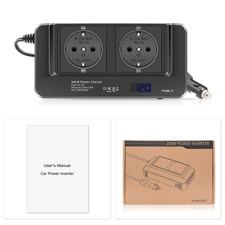 DC12V 200W AC220V Car Smart Multi-functional Digital Display Inverter, EU Plug, EU Plug