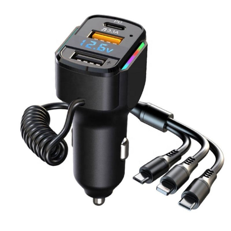 K4 Car 3 in 1 PD + USB Dual Port Fast Charger with Spring Data Cable, K4