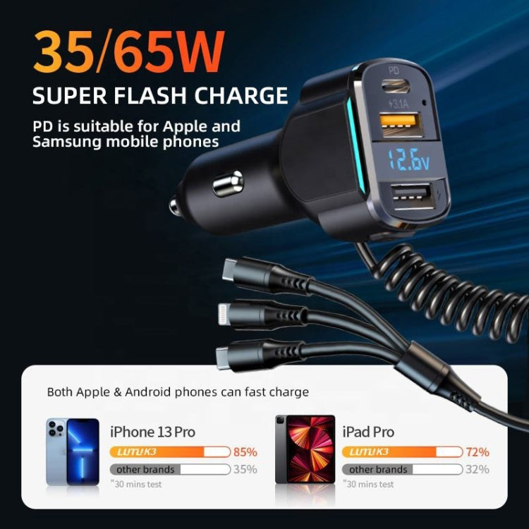 K4 Car 3 in 1 PD + USB Dual Port Fast Charger with Spring Data Cable, K4
