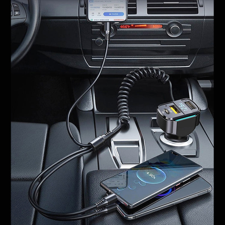 K4 Car 3 in 1 PD + USB Dual Port Fast Charger with Spring Data Cable, K4