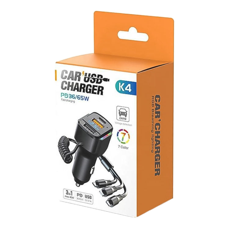 K4 Car 3 in 1 PD + USB Dual Port Fast Charger with Spring Data Cable, K4