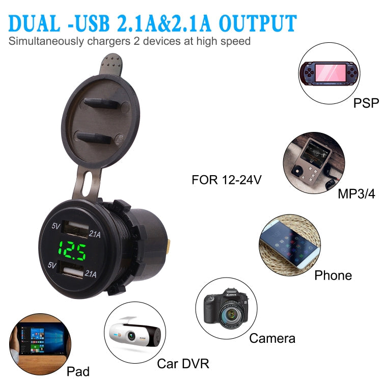 Universal Car Dual Port USB Charger Power Outlet Adapter 4.2A 5V IP66 with LED Digital Voltmeter + 60cm Cable, 4.2A Voltmeter + 60cm Cable(Blue Light), 4.2A Voltmeter + 60cm Cable(Green Light), 4.2A Voltmeter + 60cm Cable(Red Light)
