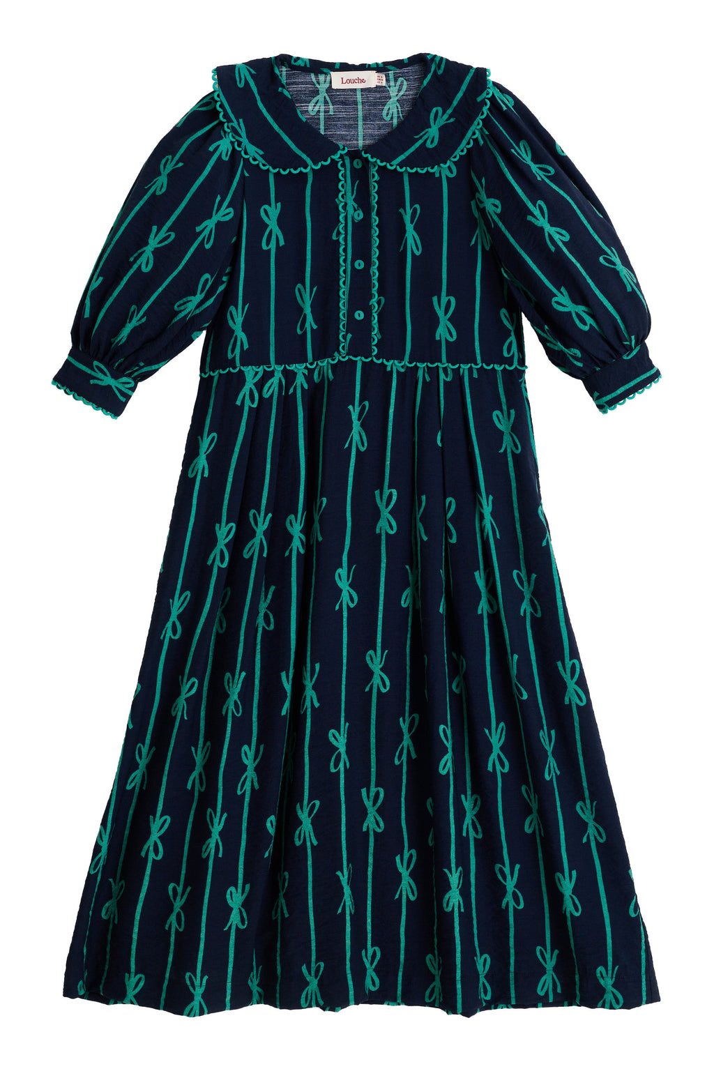Caris Tie Up Statement Collar 3/4 Sleeve Midi Dress - Navy
