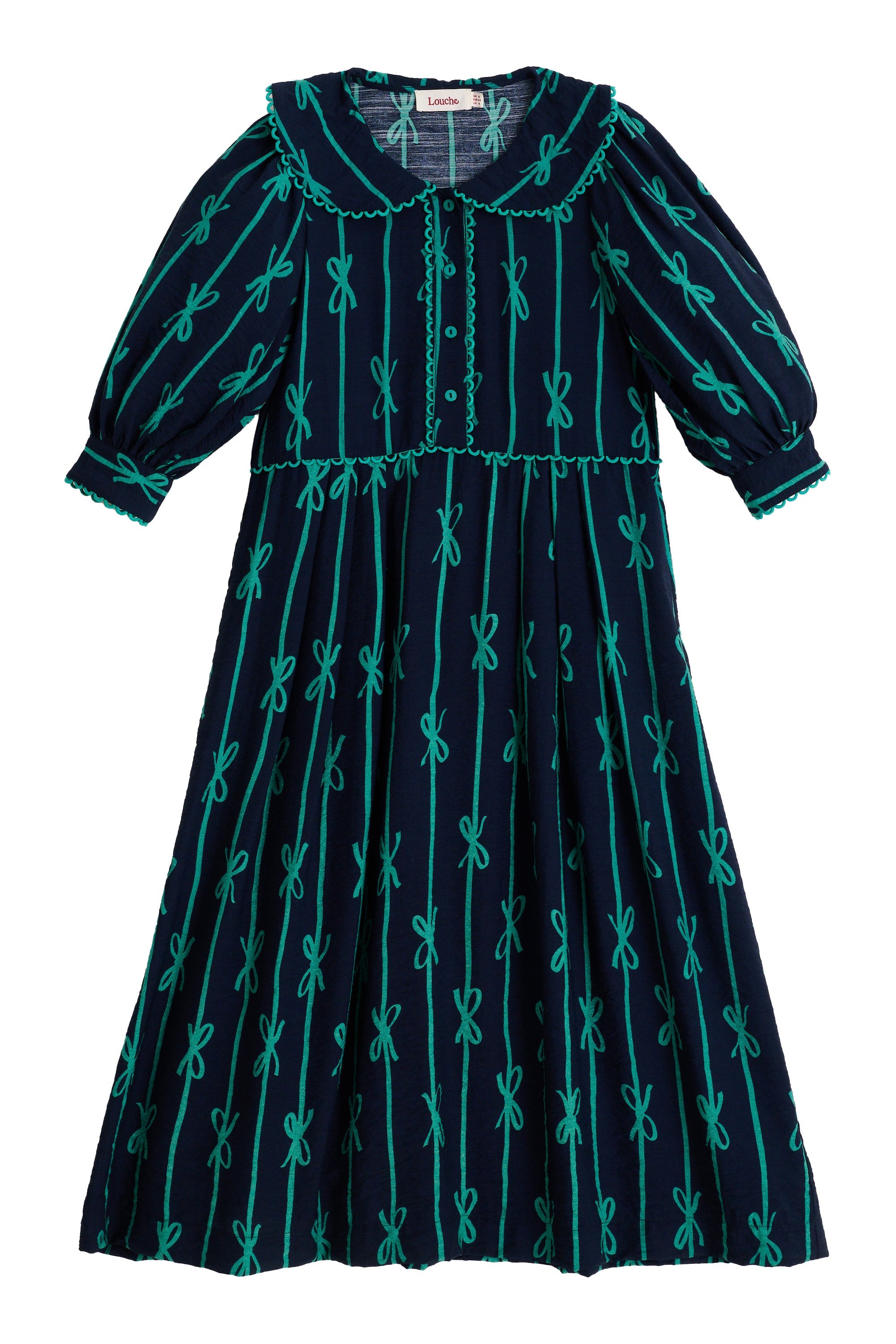 Caris Tie Up Statement Collar 3/4 Sleeve Midi Dress - Navy
