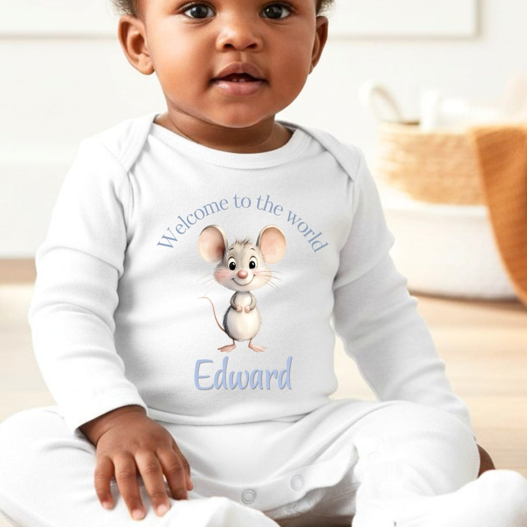 Personalised Blue Mouse Welcome Baby Grow, Vest or Bib with Name